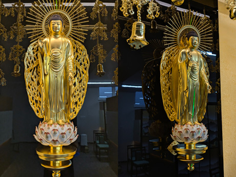 真光寺納骨堂　御内仏は照明効果も相まってまるで宙に浮かんでいるかのような視覚効果を生んでいます