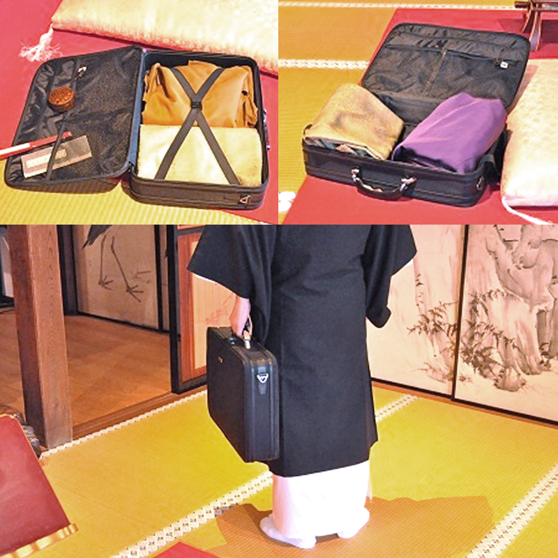衣装や僧具もこのようにきれいに収納。型崩れしない形状かつXバンドが付いているので様々な衣装収納に対応します。派手過ぎず目立ちにくいシンプルデザインで、ご法務への移動時も違和感なく持ち運びできます。