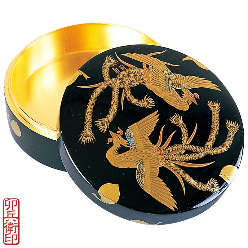 香合 鳳凰高蒔絵入 本黒漆塗 内部純金箔押 卯兵衛印（口径9～15cm 5種類）