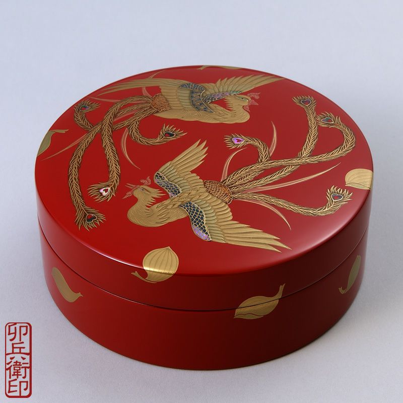 香合 鳳凰高蒔絵入 本朱漆塗 内部純金箔押 卯兵衛印（口径9～15cm 5種類）