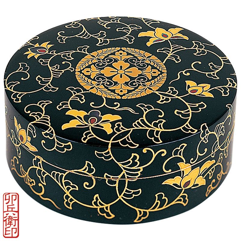 香合 定紋唐草蒔絵入 本漆塗蝋色 内部金箔押 卯兵衛印（口径9～15cm 5種類）
