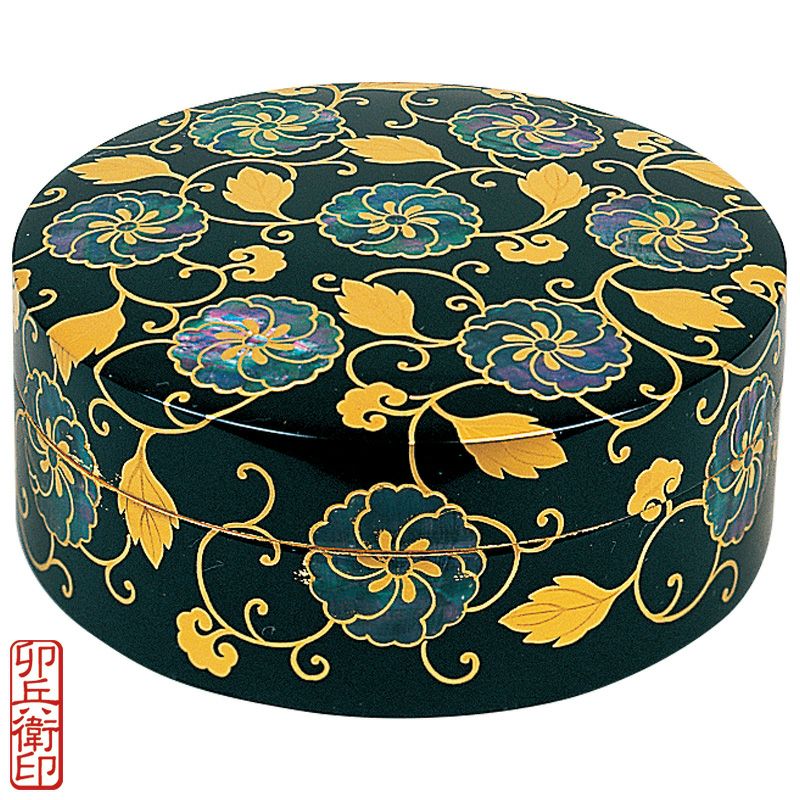 香合 鉄線唐草蒔絵青貝入 本漆塗蝋色 内部金箔押 卯兵衛印（口径9～15cm 5種類）