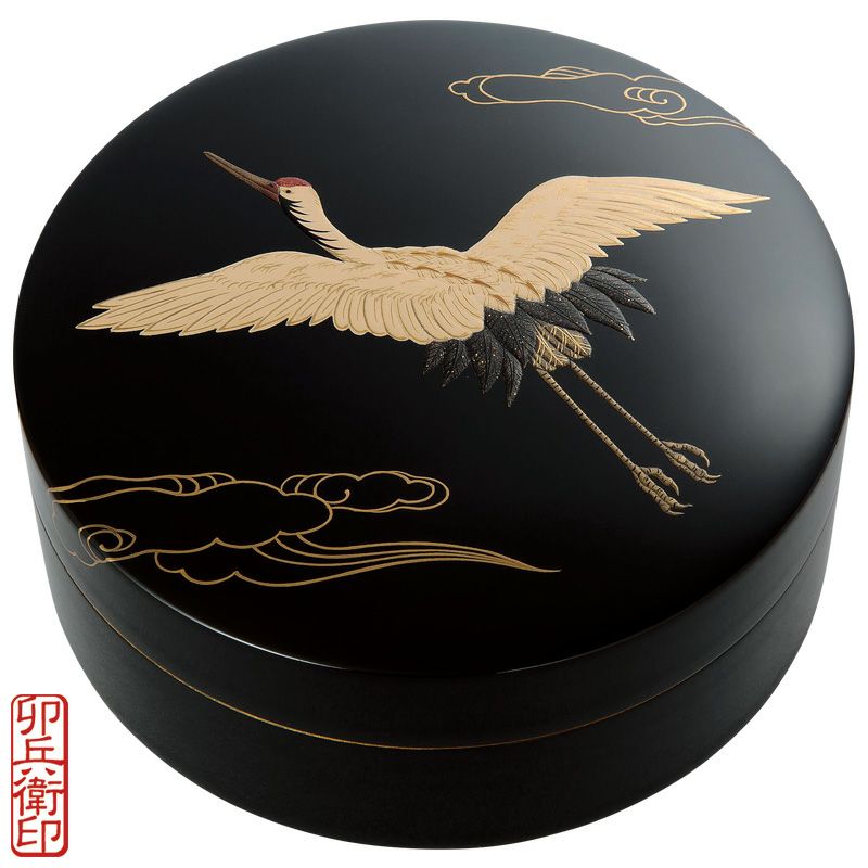 香合 翔鶴蒔絵入 本漆塗蝋色 内部金箔押 卯兵衛印（口径9～15cm 5種類）