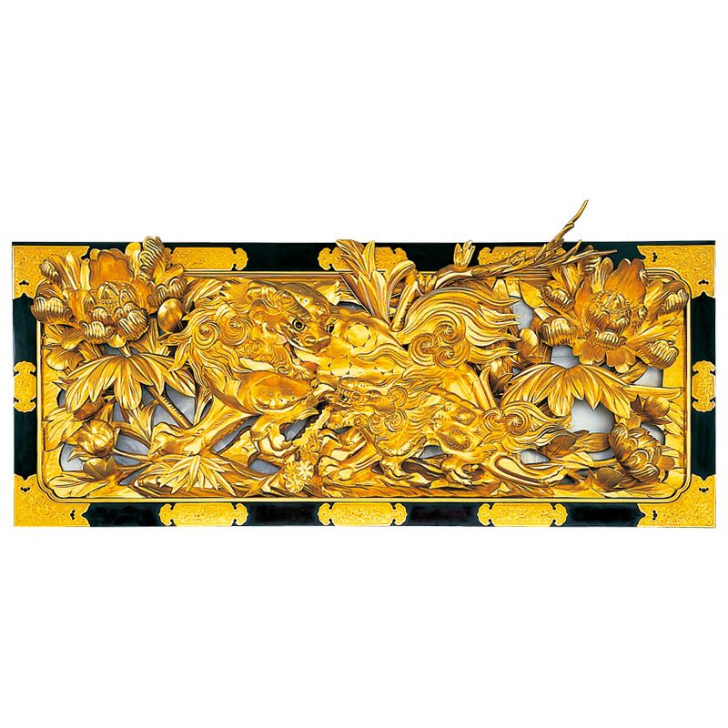 欄間 牡丹に唐獅子彫刻入 本漆塗 純金箔押 框金具打 極上 基準寸法横幅157cm（各宗派）