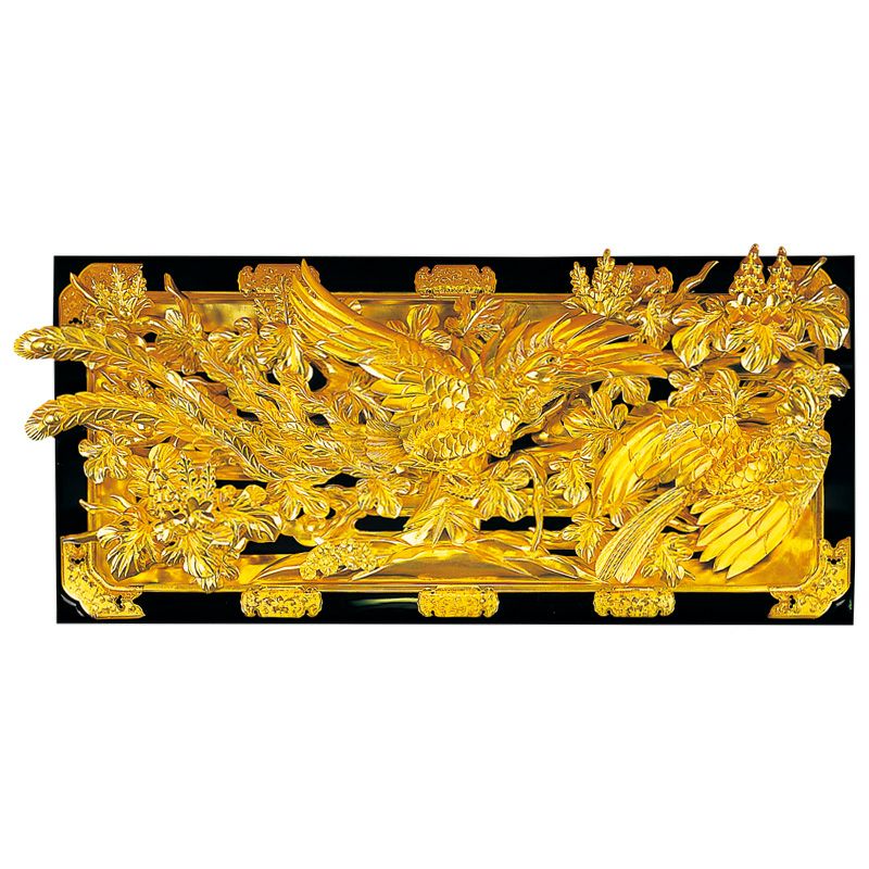 欄間 桐に鳳凰彫刻入 本漆塗 純金箔押 框金具打 極上 基準寸法横幅