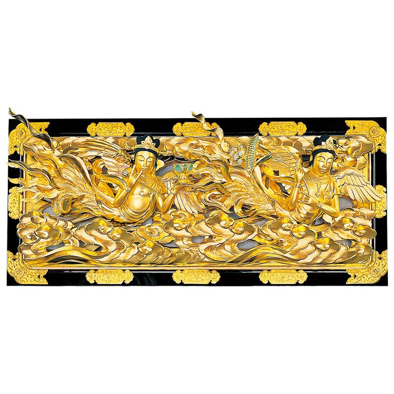 欄間 雲に迦陵頻伽（かりょうびんが）彫刻入 本漆塗 純金箔押 框金具打 極上 基準寸法横幅157cm（各宗派）