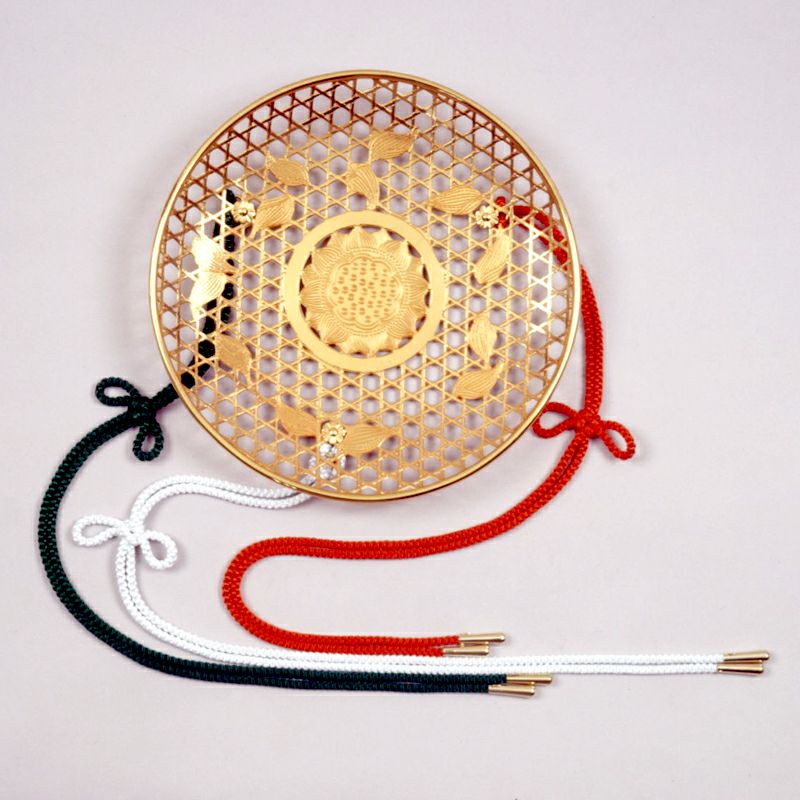 華籠 籠目透かし模様 真鍮製 艶消金メッキ 正絹紐付 直径27cm