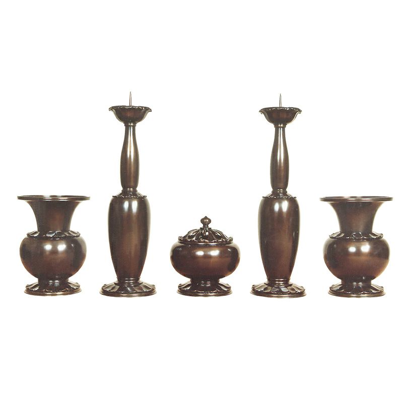 白鳳蓮型 五具足 梨地唐金製 花瓶口径27cm～15cm 1組
