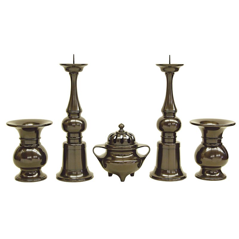 妙心寺型 五具足 梨地唐金製 花瓶口径27cm～18cm 1組