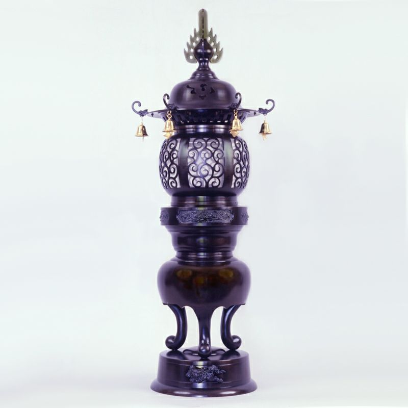 丸型三本足型台灯籠 風鐸付 真鍮製 色付仕上 照明器具付 1対（高さ91cm～121cm 3種類）