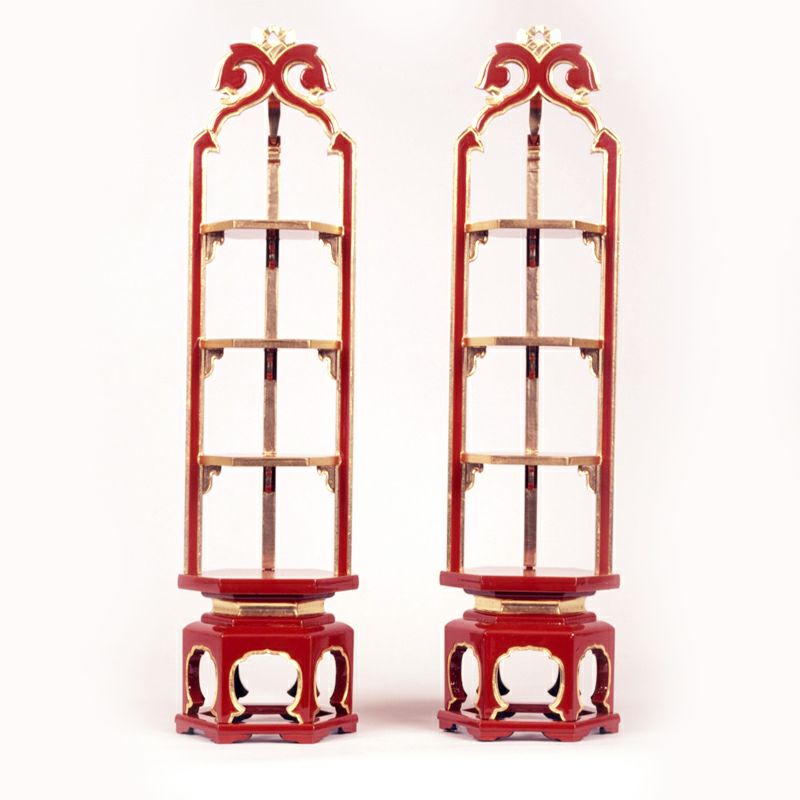 六角型段盛 若葉入型 朱塗 純金箔押 若葉までの高さ91cm～45cm 1対