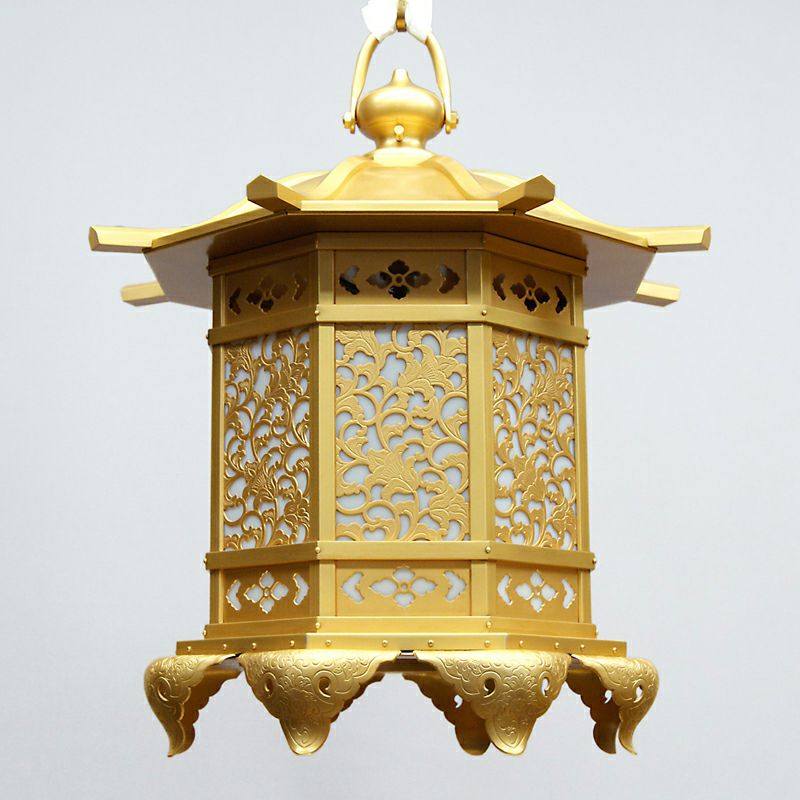 八角型吊灯籠 真鍮製 艶消金メッキ（火袋角径21cm～30cm 4種類）