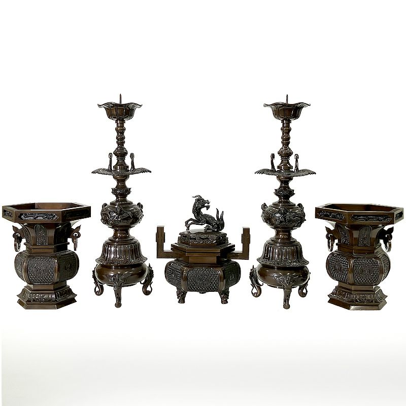 【アウトレット】五具足 御本山様式 花瓶六角型 極上 唐金製 本願寺派 花瓶対辺21.5cm